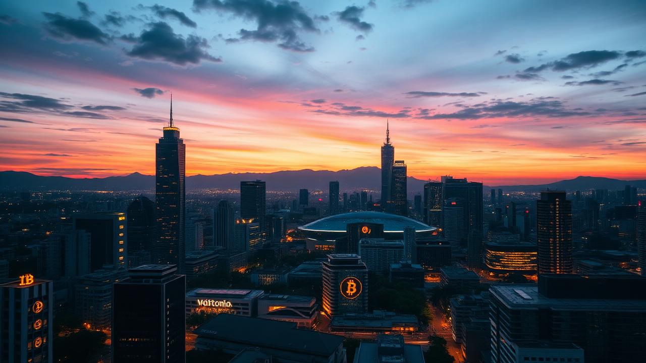 Skyline noturno de São Paulo com símbolos de Bitcoin integrados à arquitetura